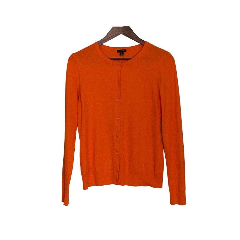 Ann Taylor Factory Orange Knit Cardigan Sweater Medium Button Front Cotton Blend